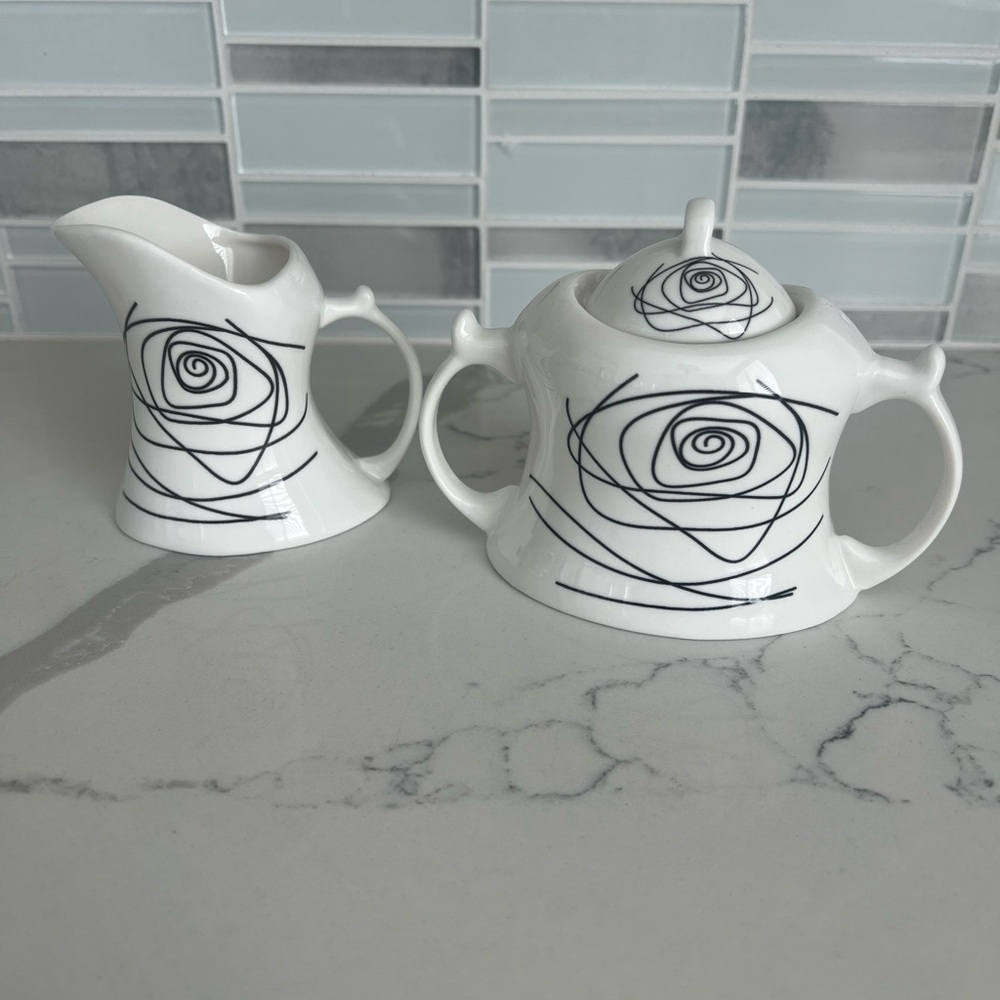 Elegant White and Black Creamer Set with art deco rose